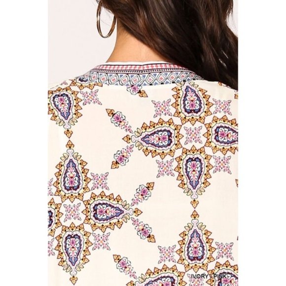 Gigio | Aster Ivory Pink Open Front Kimono Boho Bohemian Paisley Medallion Large - Picture 12 of 15